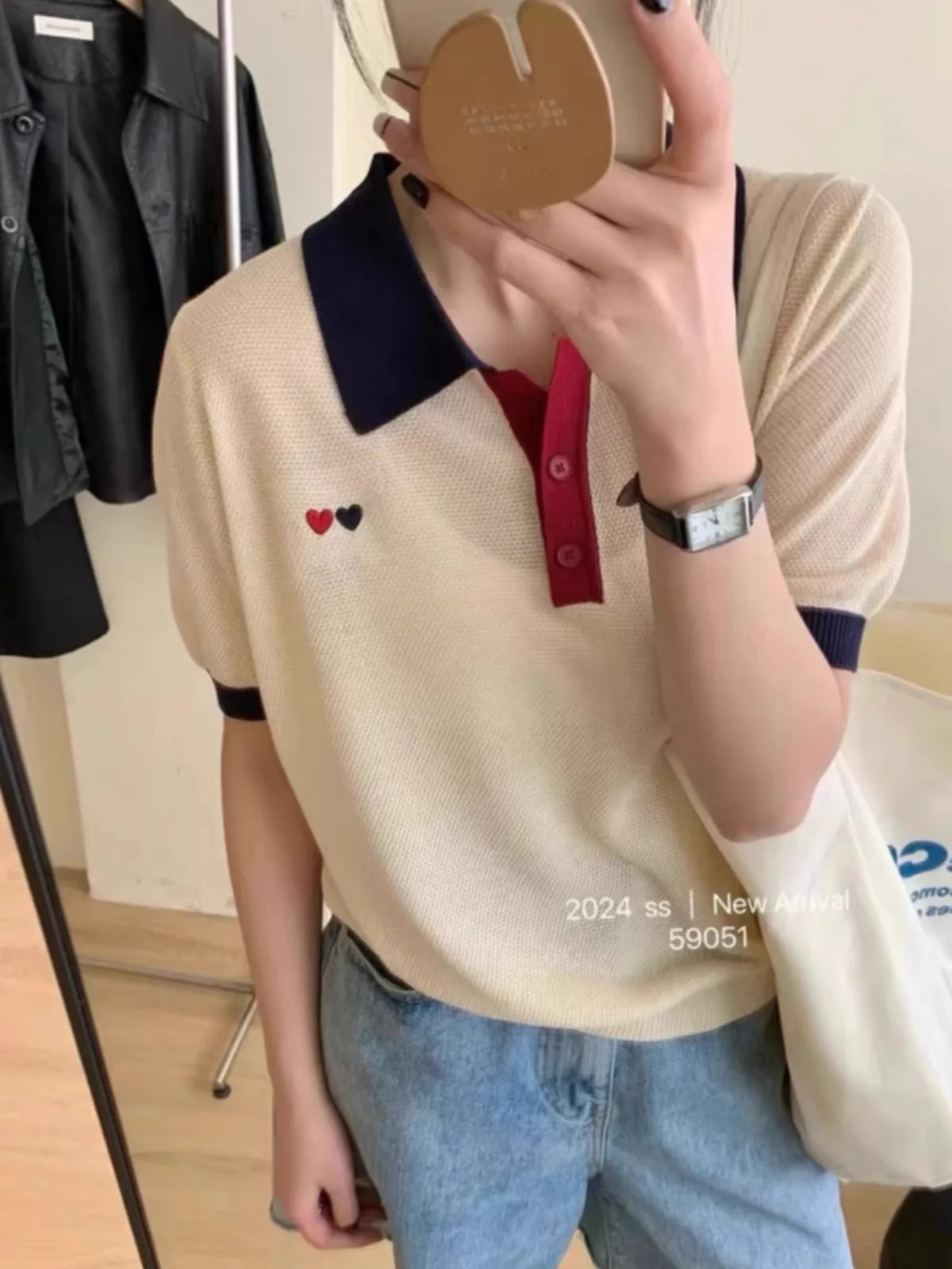 Foreign style love embroidery striped ice silk knitted short sleeve women POLO lapel thin shirt loose T-shirt half sleeve