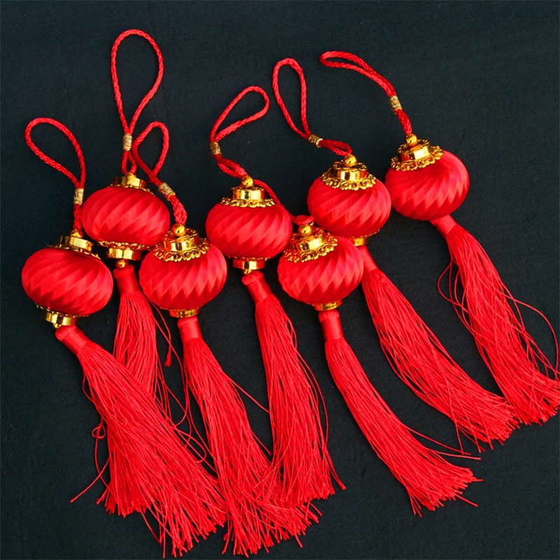 27CM Threaded Red Small Lantern Tassel Wedding Party Curtain Decoration Tassel Christmas Tree Plant Bonsai Decoration Pendant