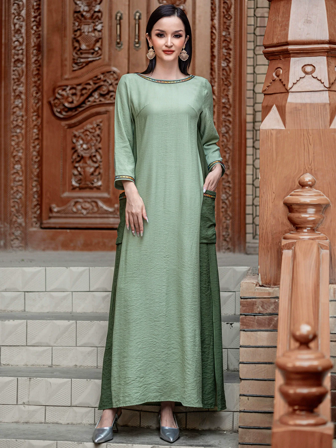Middle Eastern Muslim Fashion Arab Women's Pocket Long Sleeve Dress Comfortable Breathable Casual Color blocked Long Dress