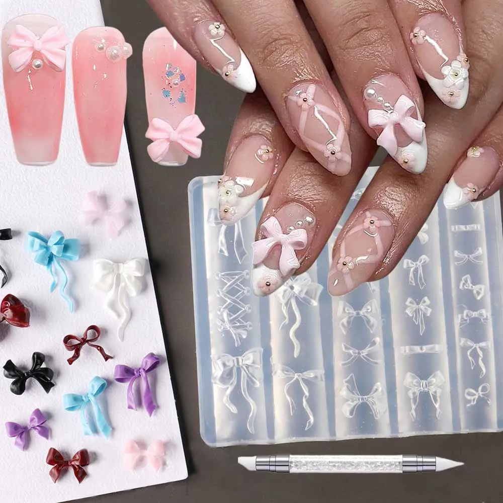 1Pcs 3D Multi-Stile Bowknot Silikon Nagel Formen mit 1Carving Stift Kawaii Skulptur Band Schablonen DIY Bögen maniküre Vorlage &