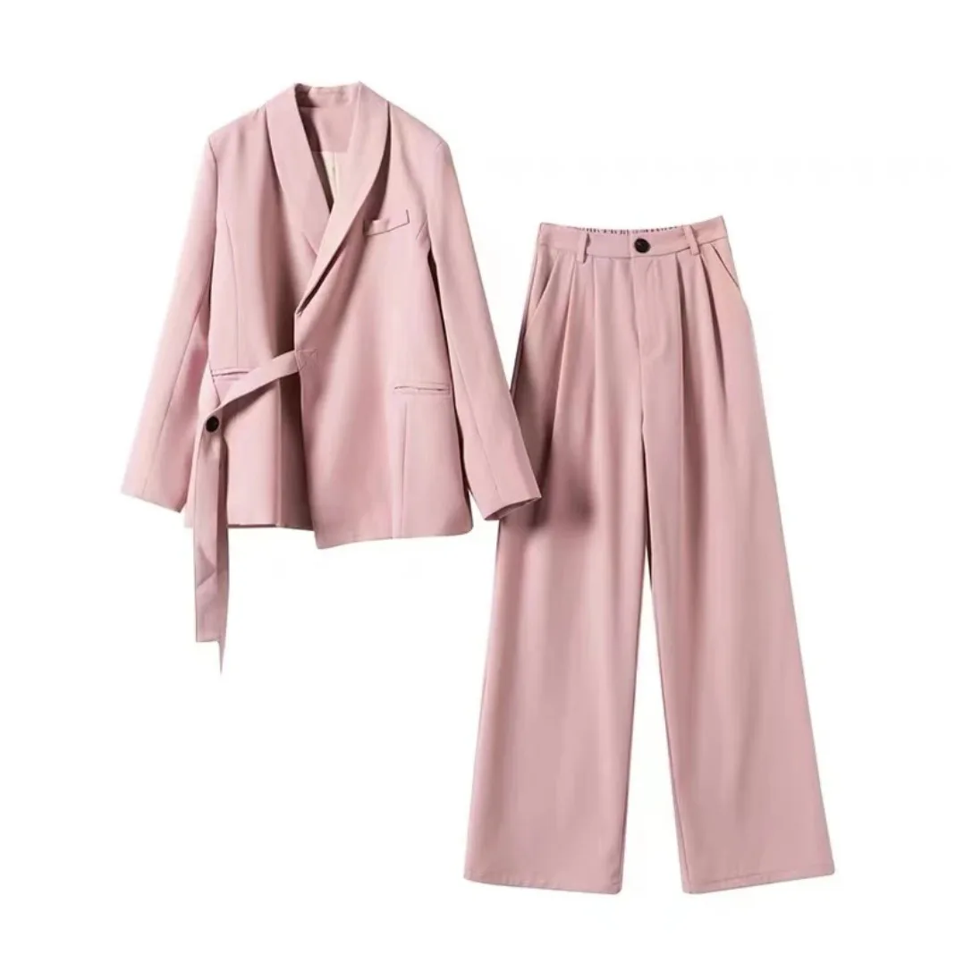 Office Lady Blazer Belt Pant Suits Women\'s Pantsuit Korean Version Notched Baggy Pants Autumn Elegant Euality Chic Women Outfit