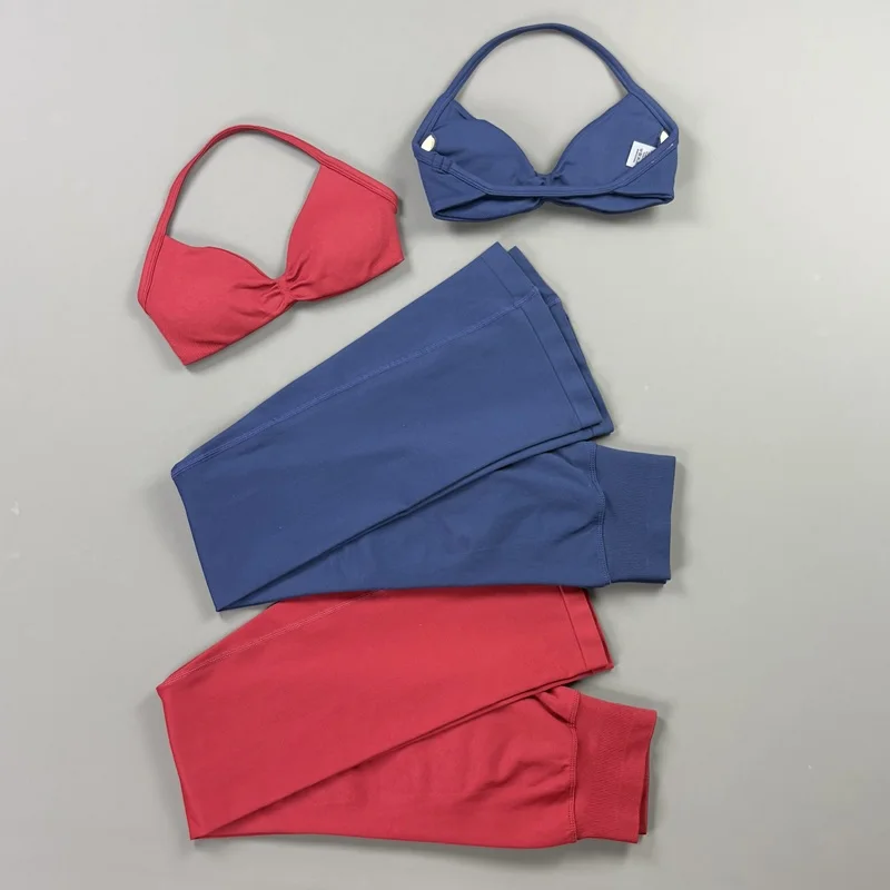 Sexy Gym Set Seamless Women Shockproof Halter Neck Bra Top High Waist Yoga Flare Leggings Workout Fitness Sports Matching Set