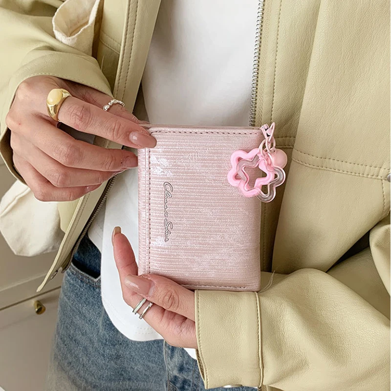 Tri-Fold Wallet Women Color Block Coin Purse Fashion Short Clutch Card Holder Money Bag With Star Pendant Portable Cute Purse