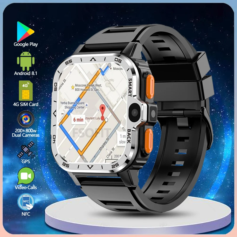 Jam tangan pintar Android kamera ganda 2.03 inci, jaringan 4G HD 200 + 800W Bluetooth Wifi kartu SIM NFC panggilan GPS Google Play