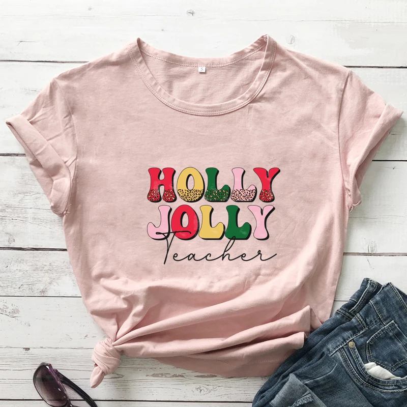 

colored holly jolly teacher tshirt vintage women short sleeve merry christmas top tee shirt