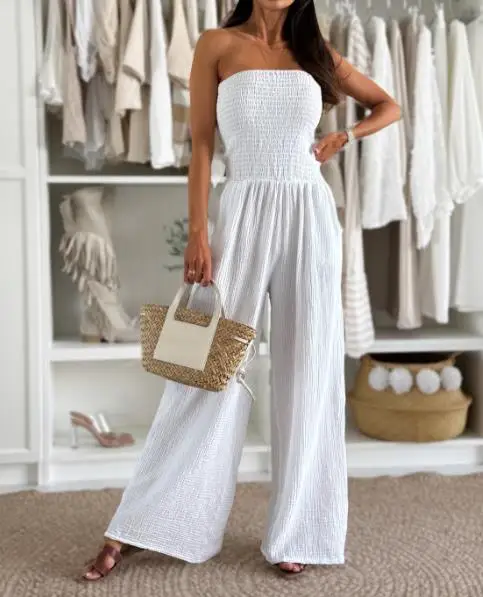 Summer 2025 new double-layer pure cotton solid color single neck pocket waist jumpsuit women's clothing