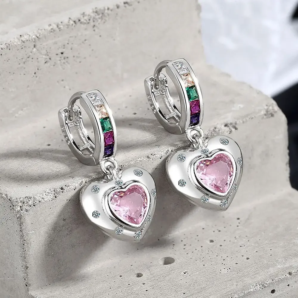 Pendientes de aro de corazón rosa de Plata de Ley 925 originales para mujer con cristales de arcoíris, joyería para fiesta y boda, regalo, Pendientes femeninos