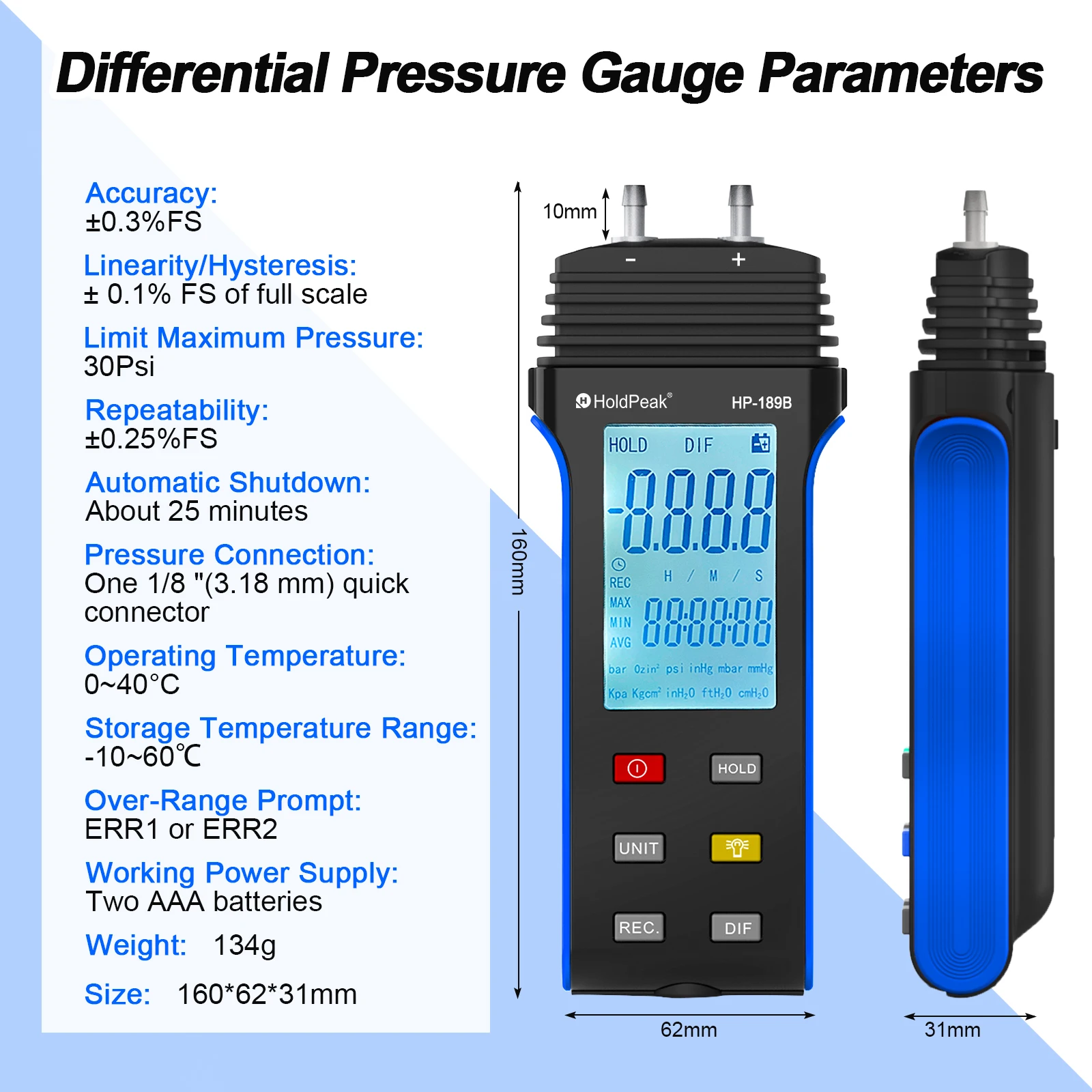 Gas Pressure Tester HP-189B LCD Display With Backlight Digital Manomete Dual-Port Manometer for any gas pressure system trouble