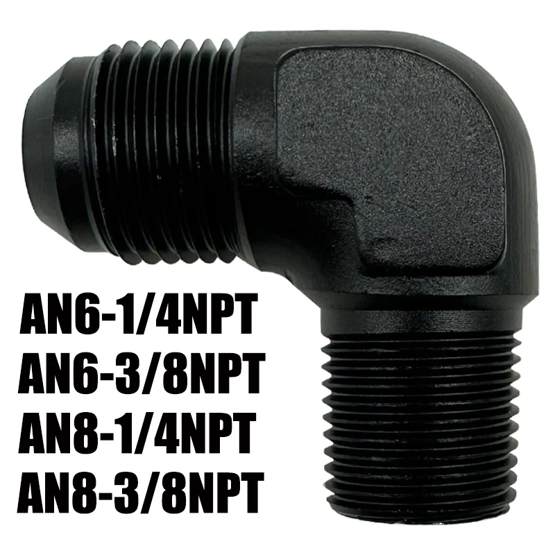

AN6 AN8 90 Degree Male To 1/4 Inch 3/8 Inch NPT Flare Adapter Fuel Line Hose Fitting AN To NPT Thread Connector Aluminium Black