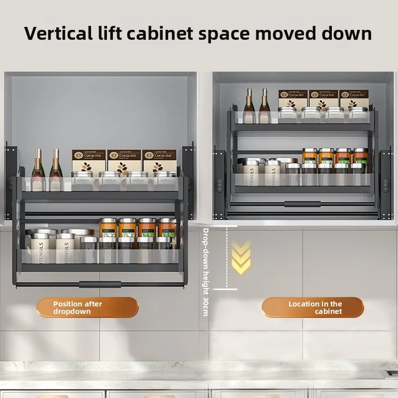 YFY kitchen hanging cabinet pull basket lift storage kitchen cabinet pull basket lift pull down large capacity seasoning rack