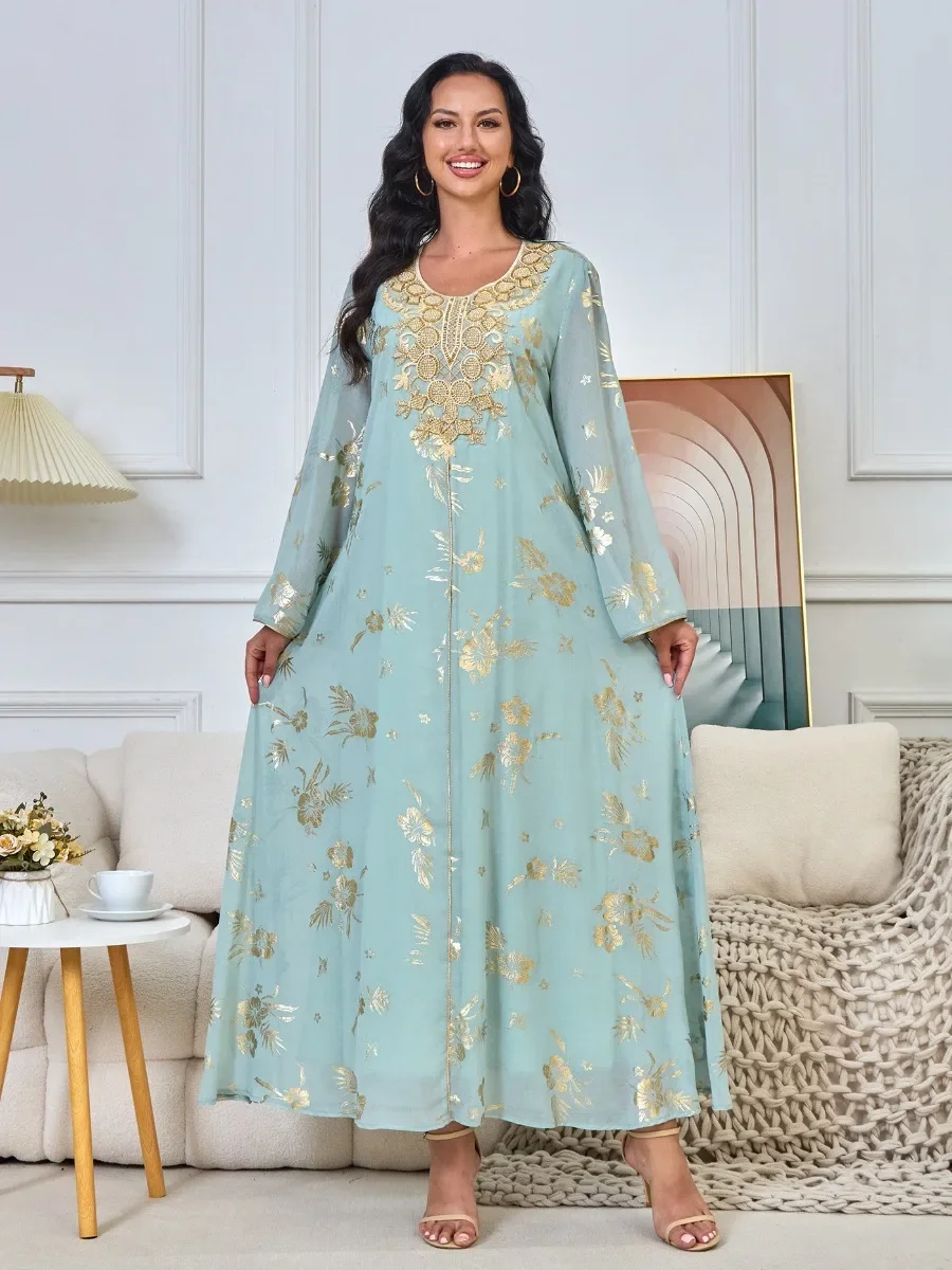 Elegant Muslim Party Dress Women Abaya Eid Ramadan Print Vestidos Largos Dubai Robe Jalabiya Long Dress Belt Morocco Kaftan 2024