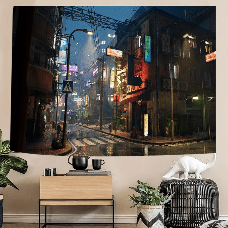 نسيج زقاق سايبربانك الممطر لديكور المنزل المستقبلي والجو