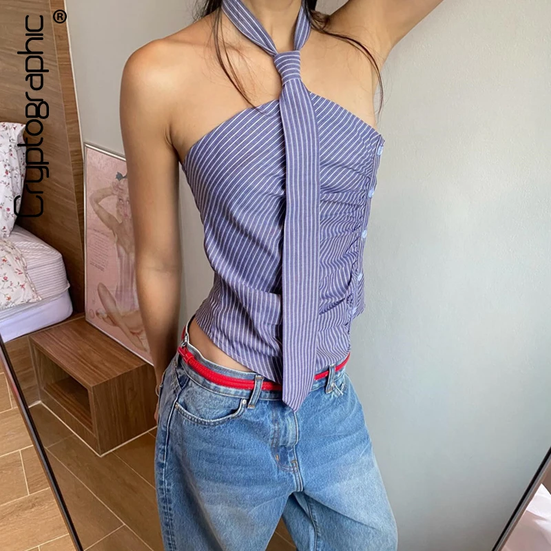 Cryptographic Chic Blue Striped Halter Crop Tops Club Outfits Backless Streetwear Y2K Button Detail Asymmetrical Top Sleeveless