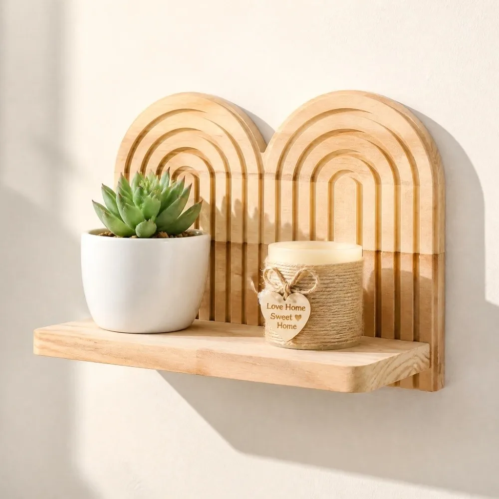 Threaded Structure Wall Plant Holder Multi Tier Solid Wood Wooden Wall Shelf Multi Layer Design Natural Wood Grain