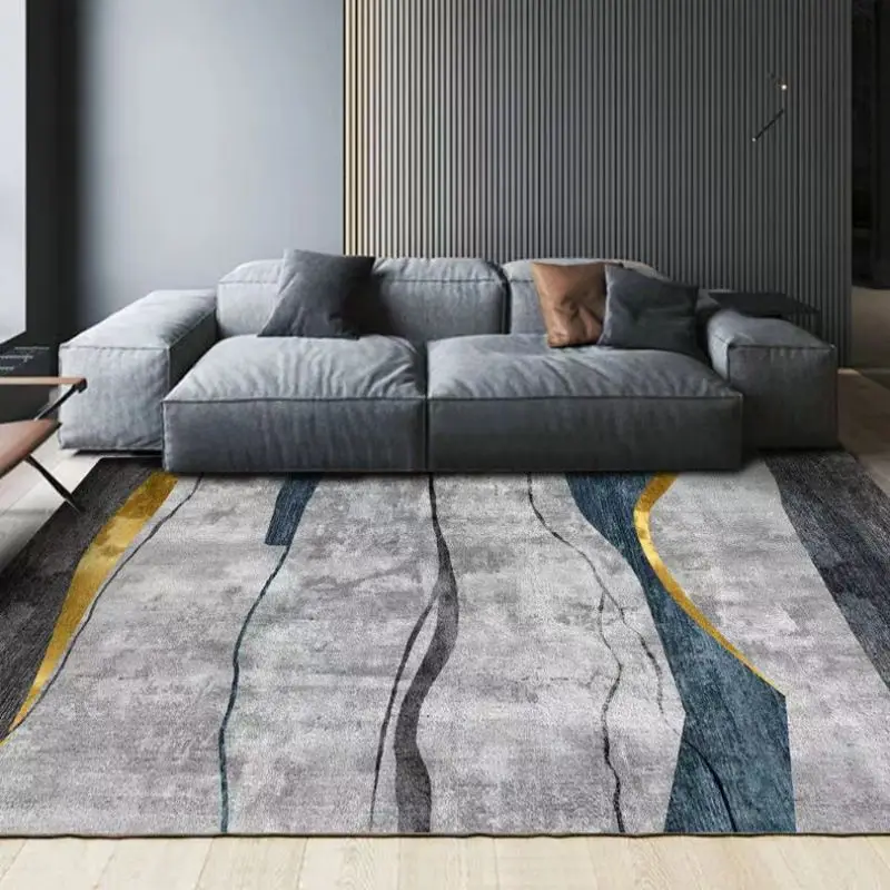 VIKAMA Grey Blue Gold Ink Abstract Area Rug for Living Room Office, Non Slip Machine Washable Floor Rug Home Decor