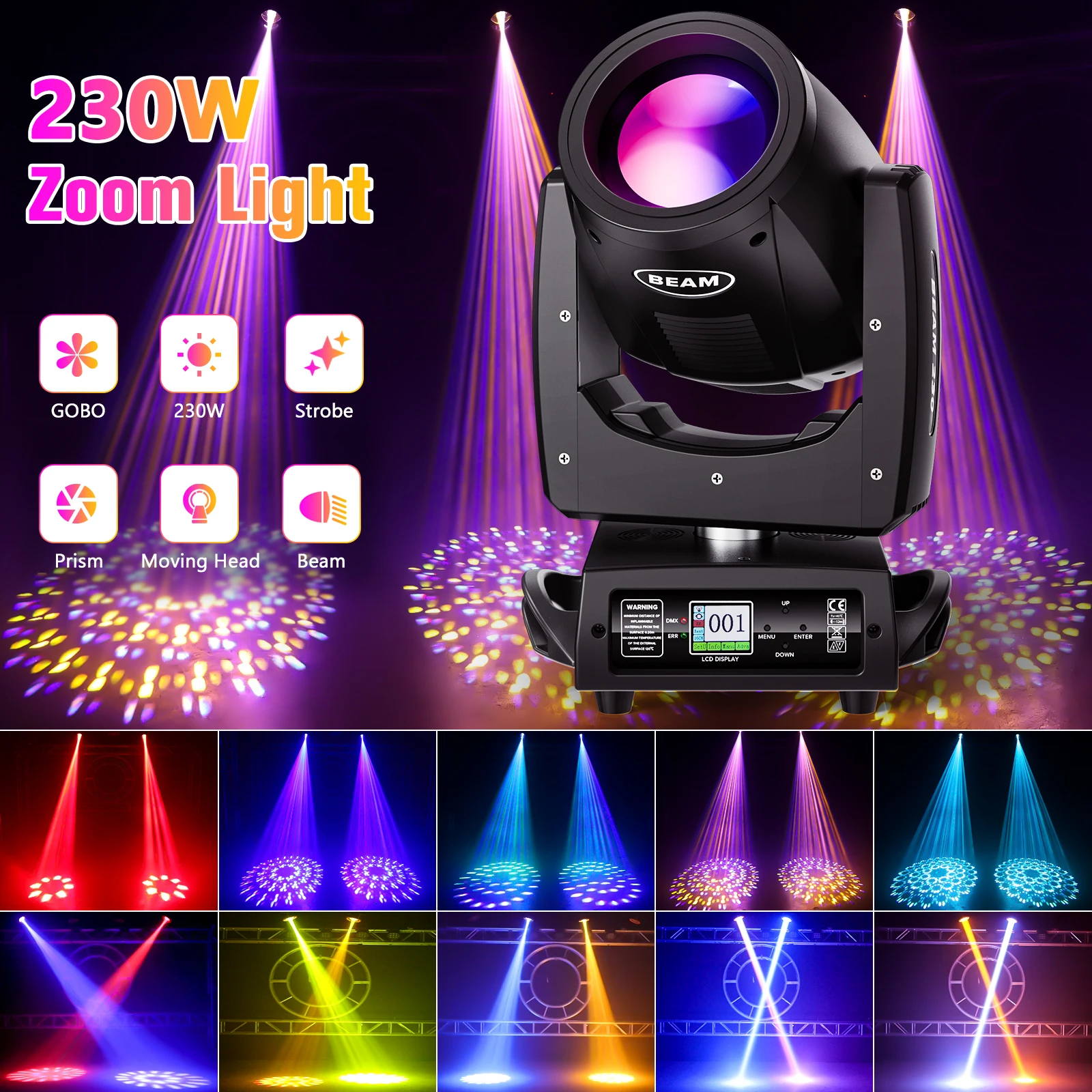 U\'King 230W 7R Moving Head Light Beam DMX512 Professional Stage Light for DJ Disco Bar Party 24 Prism LED Rainbow Effect Light