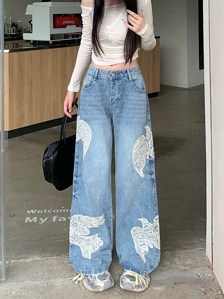 Women Embroidery Baggy Jeans Grunge Japanese Harajuku Y2K Denim Pants Cyber Punk Hip-pop 2000s Aesthetic American Vintage Tide