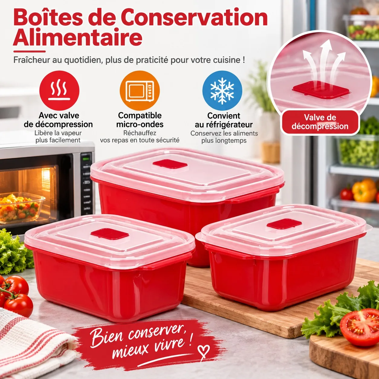 Juego de 3 recipientes de plástico rojo para guardar alimentos, aptos para microondas, con tapa hermética y válvula para transportar el almuerzo y los restos de comida. Capacidad de 1 litro y 2 litros.