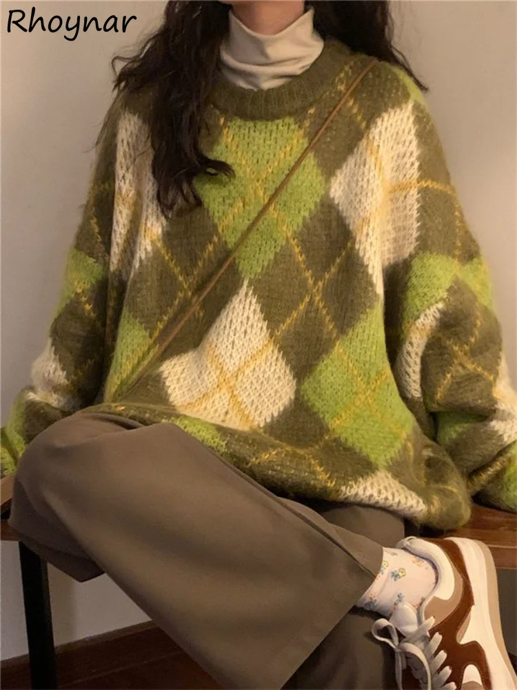 Retro Green Pullovers Women Cozy Minimalist BF Style Autumn Argyle Casual Harajuku Baggy Sweater Long Sleeve All-match Knitwear