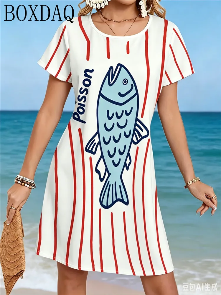 Summer Women's Dresses, Casual Round Neck Short Sleeved Fish Pattern Printed Loose Dress