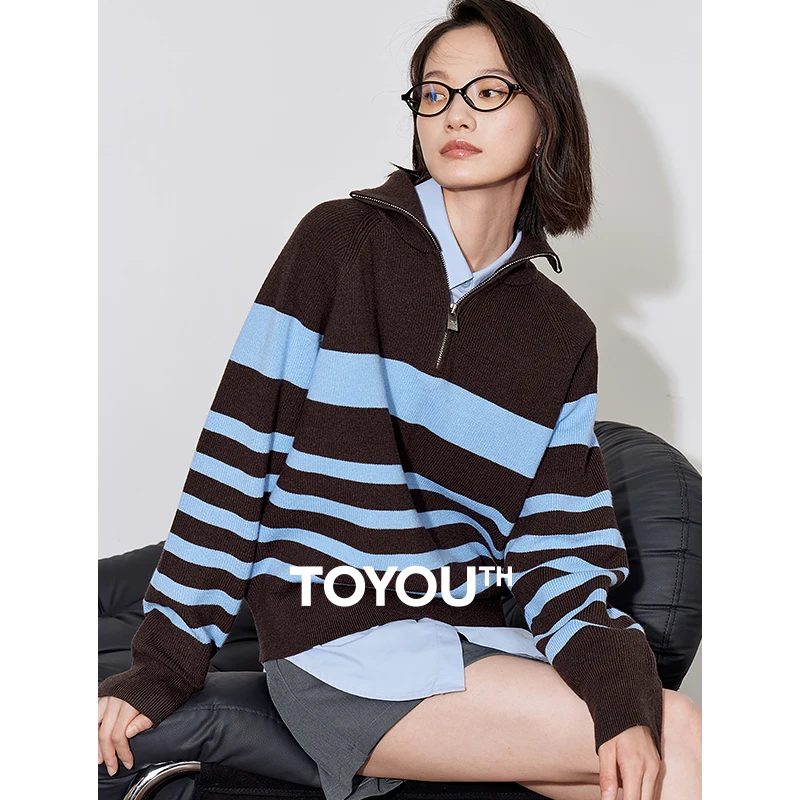 TOYOUTH Women Knitwear Sweater 2024 Autumn Winter New Striped Zipper Polo Collar Hooded Pullover Sweater