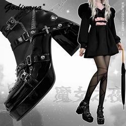 Elegant Black Leather Shoes Original Y2k Asian Culture Hot Girl Punk Rivet Cross Patent Leather High Heel Lolita Girl Lady Shoes