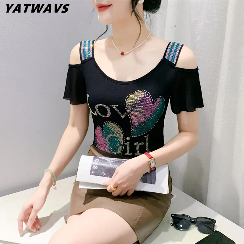 High-end Custom Summer New Shiny Love Heart Diamonds T-Shirts Sexy Off Shoulder Short Sleeve Tops Streetwear Girl Slim Mesh Tees