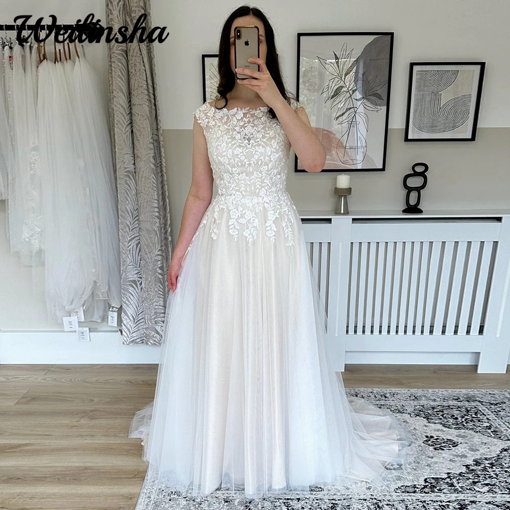 

Weilinsha Cap Sleeve Wedding Dress Classic Tulle Appliques Scoop Civil Bridal A Line with Court Train Vestido De Novia