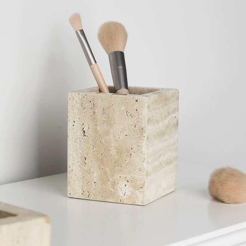 Natural Marble Pencil Pen Holder, Desktop Organizer,Office Stationary Supplies Storage, Stone Travertine Makeup Brush Box