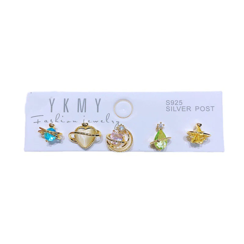 MIGGA 5pcs/Set Cubic Zircon Heart Star Saturn Stud Earrings Original Women Gold Color Plated Jewelry