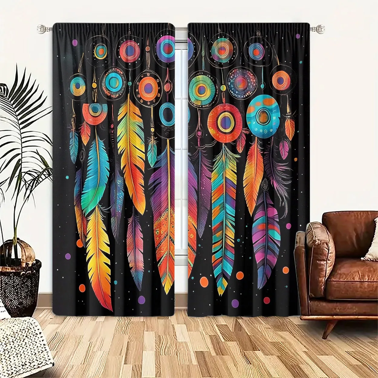 Boho Tapestry Curtain Pair Boho Style Geometric Feather Mandalas Filter Wall Decor Window Curtains 2pcs Living Room Curtain