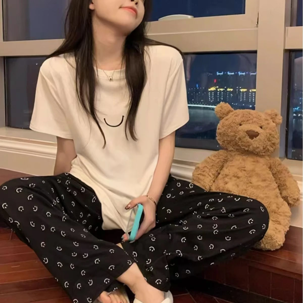 Ins Korean Version of the Girls Printed Short-Sleeved Pajamas Homewear Set Female Spring and Summer Casual Trousers Homewear Set