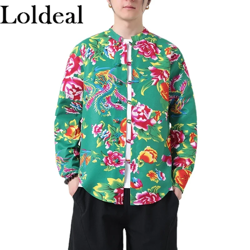 Loldeal Large Flower Plate Button Long-sleeved Shirt Han Attire