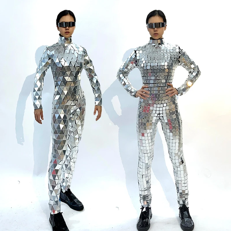 Silver Mirror Stage Costume Futuristic Long Sleeve Bodysuit Gogo Showgirl Performance Outfit Carnival Festival Rave Wear VDL3796