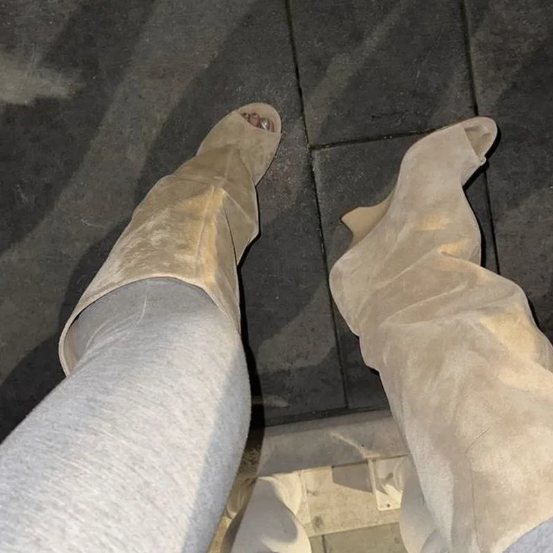 New Peep Toe Hollow Out Knee-High Boots Women   Slip-On Long Tube Boots Women Stiletto High Heels Women Boots Botines Mujer