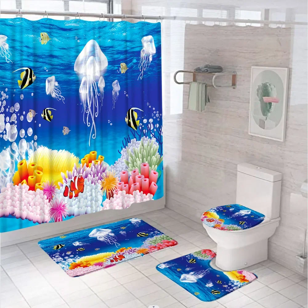 Tropical Fish Jellyfish Coral Shower Curtain Set Ocean Dolphin Animal Bathroom Curtains Non-Slip Bath Mat Rug Toilet Cover Home