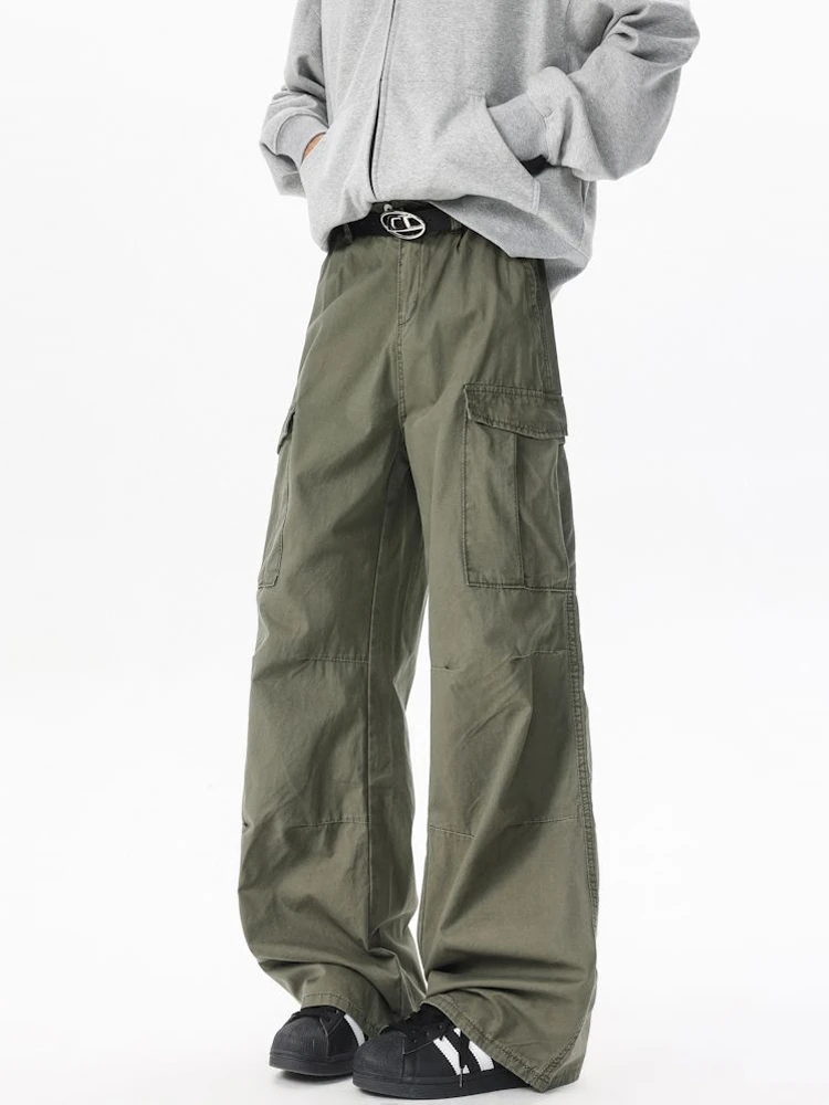 

MYTC Американские уличные тонкие повседневные рабочие брюки с несколькими карманами, свободные прямые брюки с широкими штанинами длиной до пола для мужчин и ...