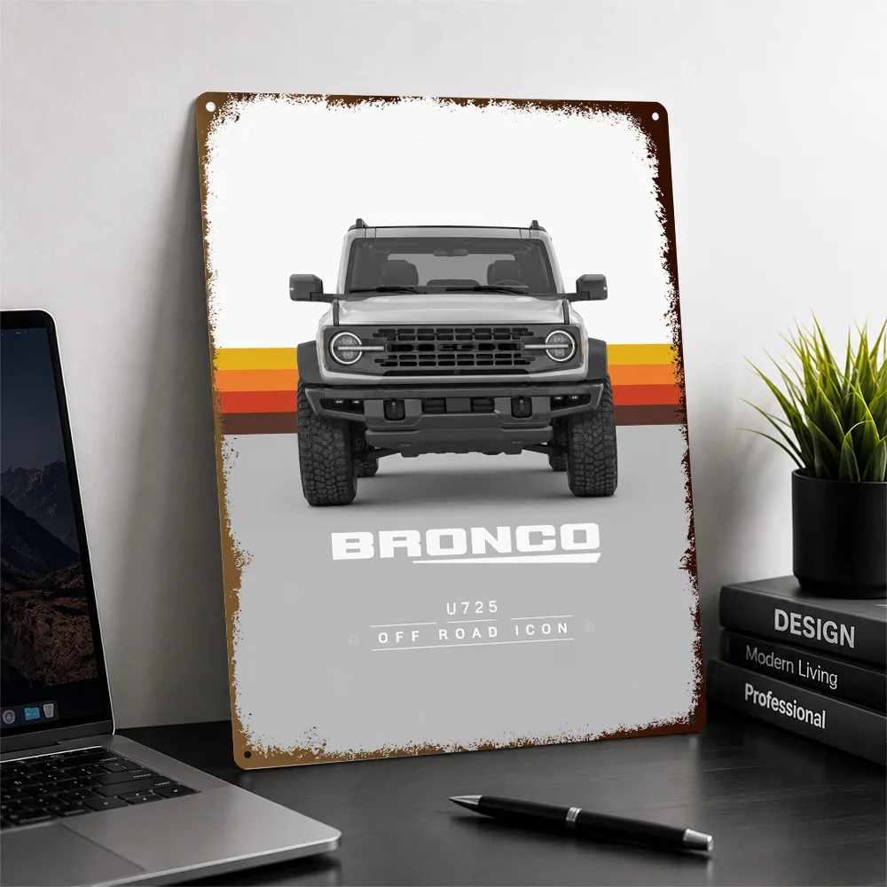 USA Bronco U725 Gray Off-Road Car Printed Poster Personalized Aluminum Metal Sign Bold Terrain Style Wall Art Ideal For Garage
