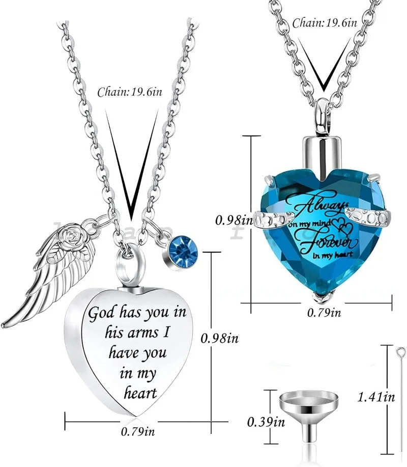 2Pcs Heart Cremation Urn Necklace,Angel Wing Birthstone Locket Ashes Pendant,Necklace with Filling Kit for Pet Human Ashes