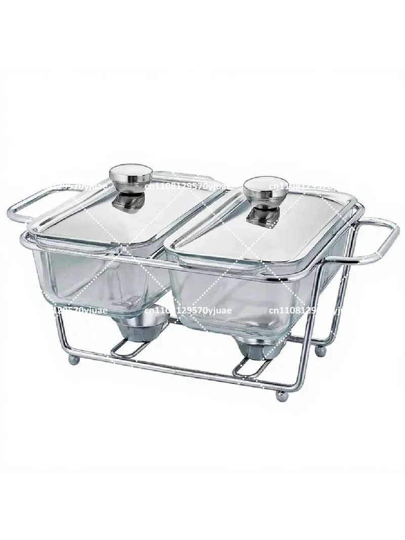 

Rectangular Glass Chafing Dish Divided Food Warmer Alcohol Heating Stove with Iron Support