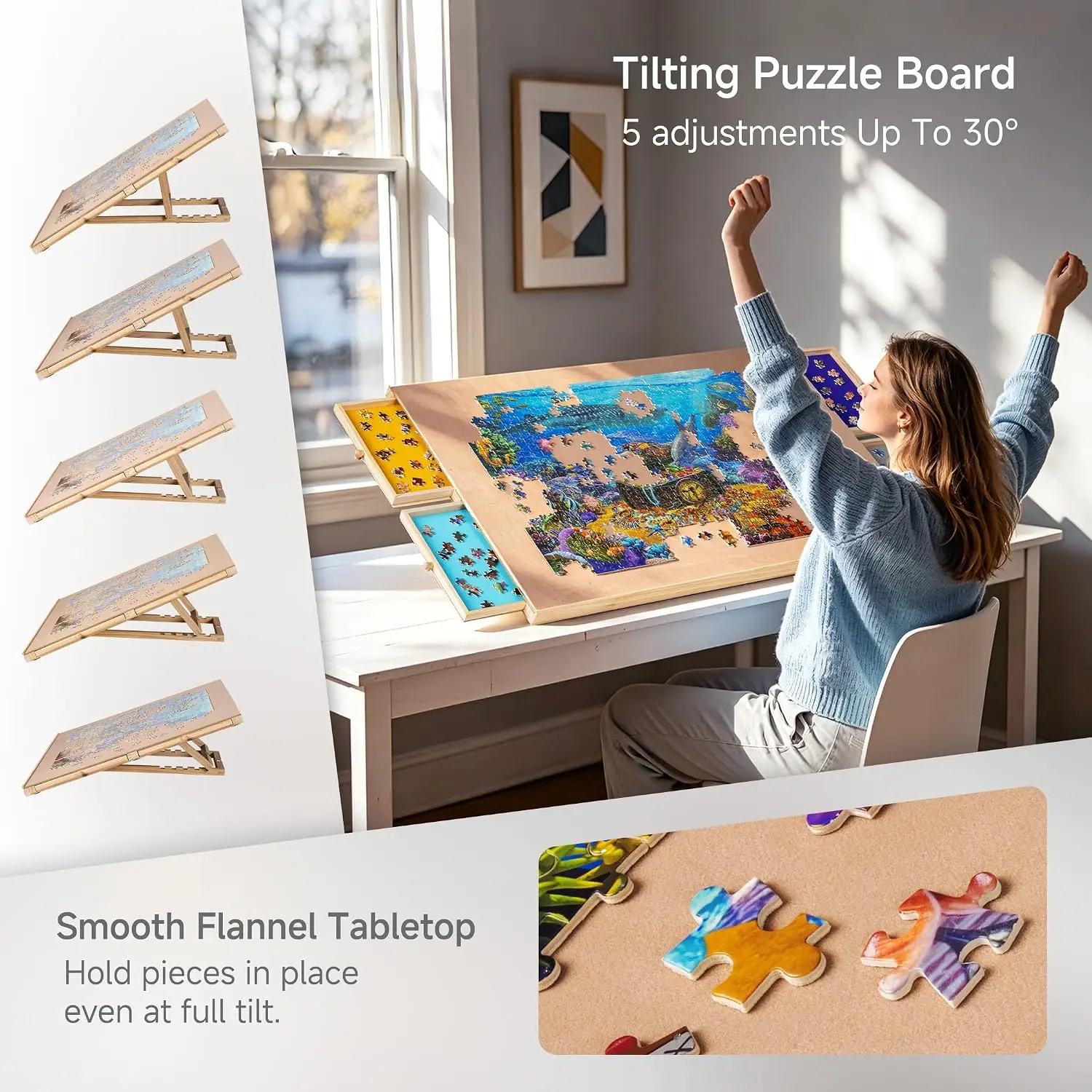 1500-Pc Tilting Puzzle Board with 4 Colorful Drawers & Cover, Adjustable