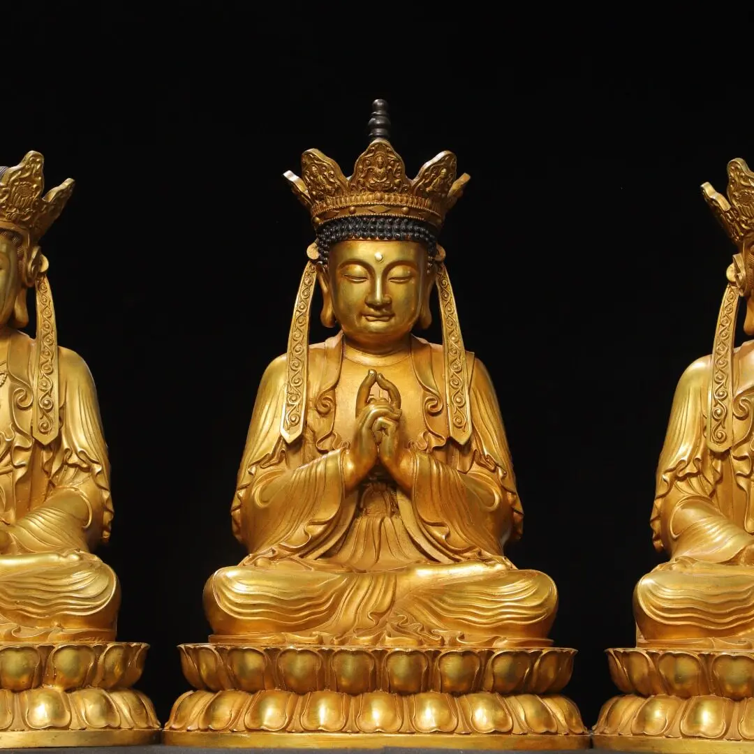 Huayan Three Saints Set Vairocana Manjusri Samantabhadra Brass Gold Plated Desktop Altar Vintage Home Decor Statue