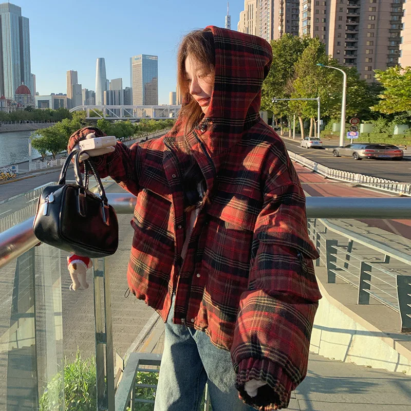 

Winter new thick grid down jacket women short style fashionable casual versatile contrasting color hooded down jacket