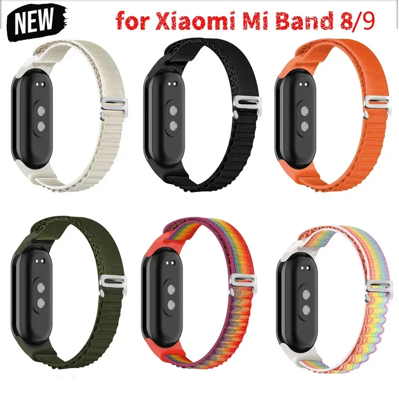 أشرطة حلقة من النايلون لـ Xiaomi Mi Band 9 8 سوار معصم مرن قابل للتعديل وجيد التهوية وناعم وقابل للتمدد متوافق مع Mi Band 9 8 NFC