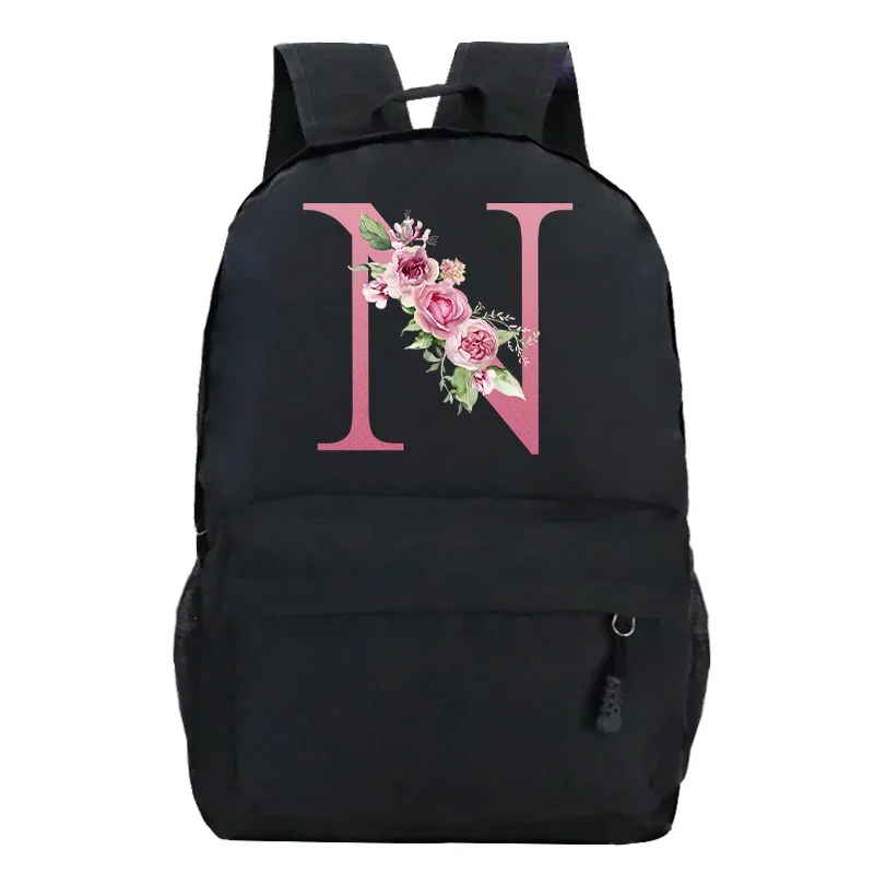 

Pink Rose Fashion Floral Alphabet Backpack for Women Canvas School Bags for Teenage Girls Large Capacity Student Shouder Bags