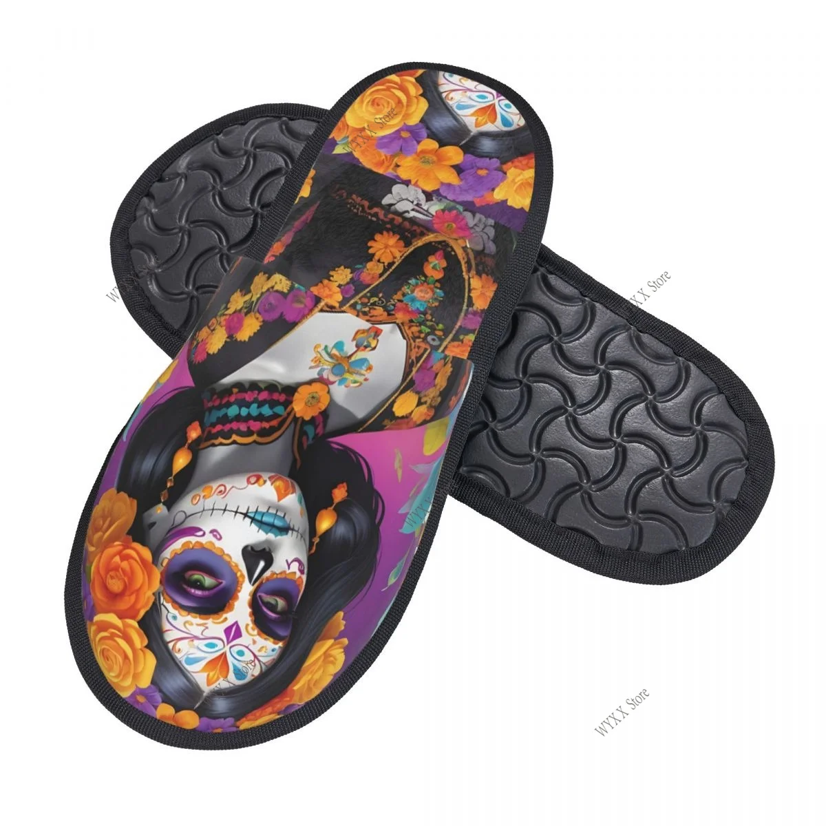 Indoor Dead With Suga Skulls Marigold Flowers Home Slippers Winter Warm Plush Slippers Fashion Home Soft Fluffy Slippers