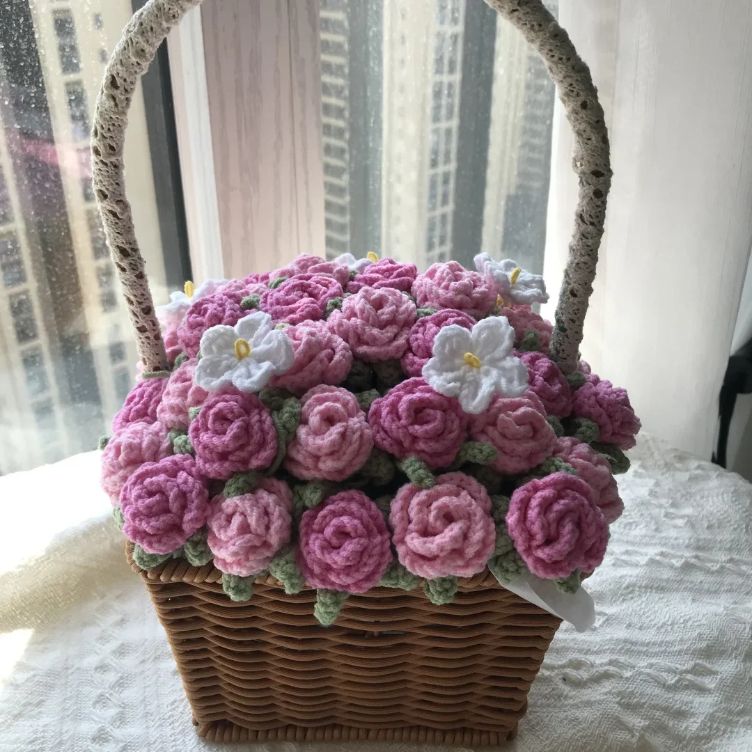 

Finished crocheted wool multi-headed bubble rose bouquet flower basket bonsai gift basket for teacher girlfriend girlfriend gift