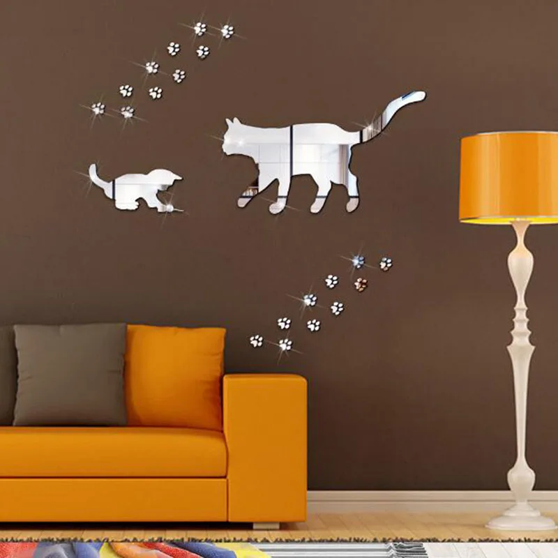 Creative Acrylic Footprint Cat Mirror Sticker DIY Waterproof Self-adhesive Removable Sticker Wall Decoration Home Decal Art
