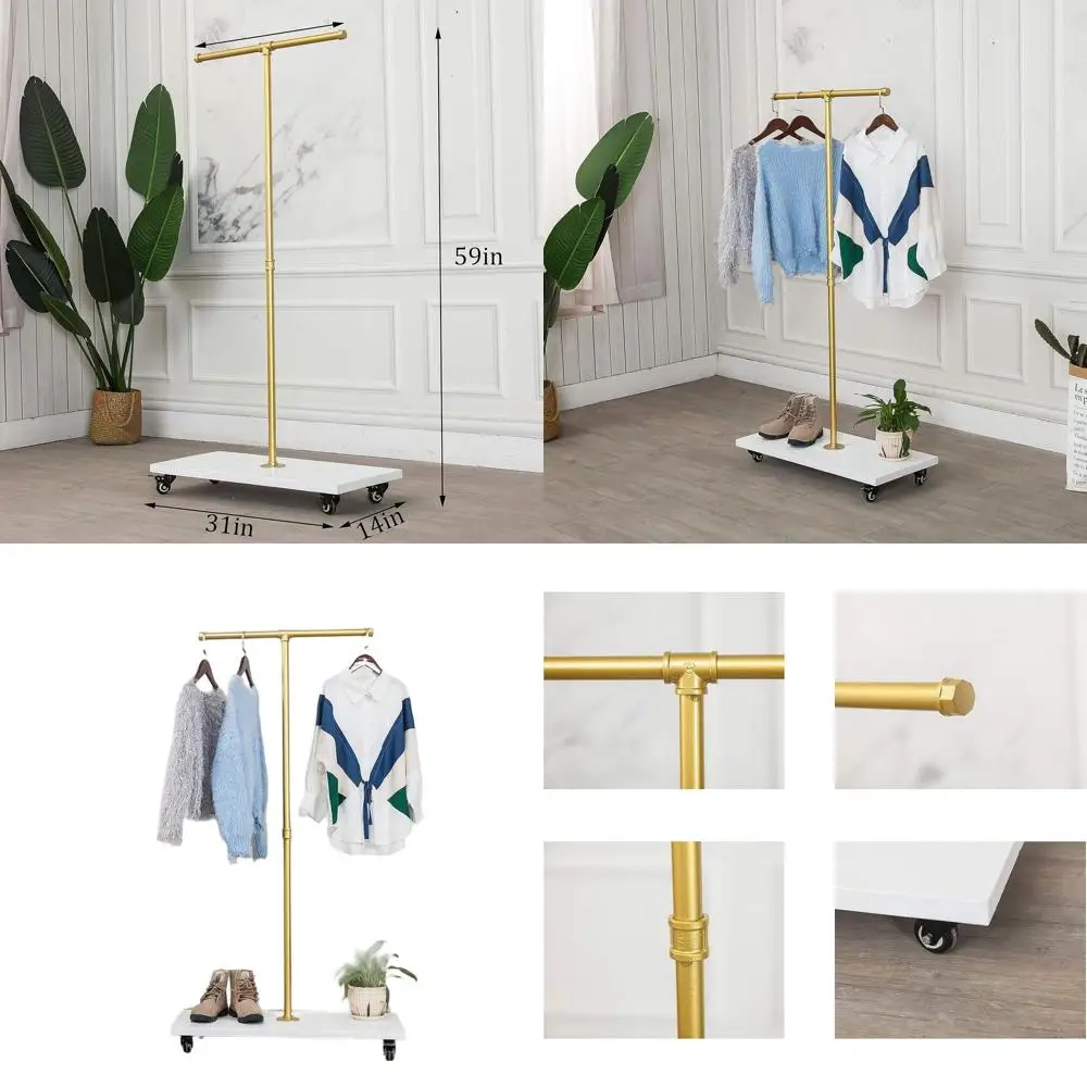 

59 Industrial Style Gold Rolling Coat Rack for Clothes, Retail Display, and Home Entryway Storage
