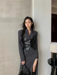 Grey Design Suit For Women'S Spring And Autumn Short Jacket, Leather Top, Side Slit Skirt, Three Piece Set